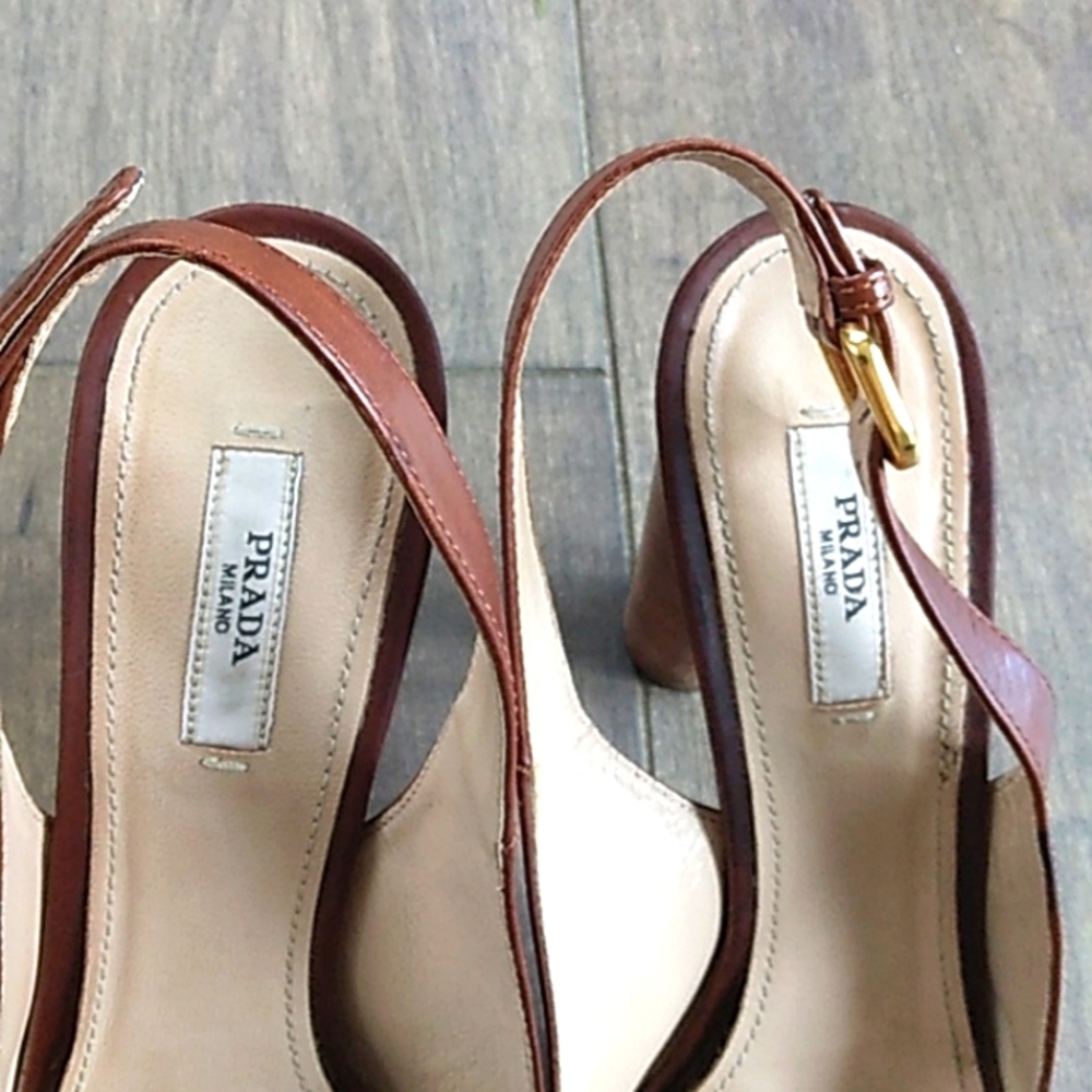PRADA BROWN LEATHER PEEP TOE CORK HEELS WOMANS 39/9. - Picture 4 of 13